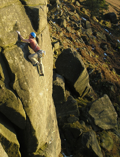 Hamish on the crux of Pot Black (E2 5b, **)