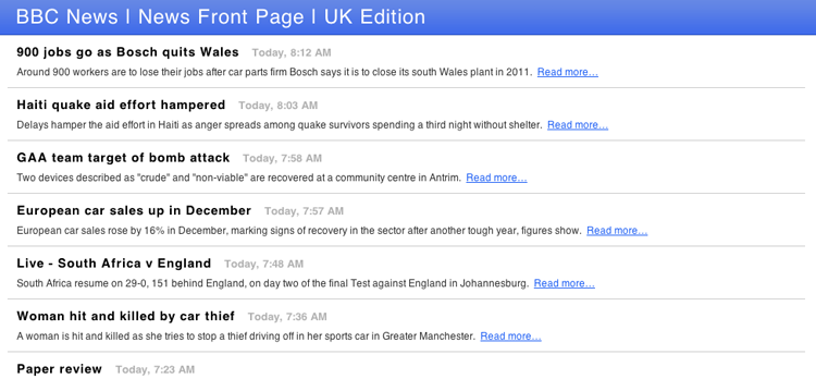 The BBC News feed a few minutes later - note the new articles are posted at the top.