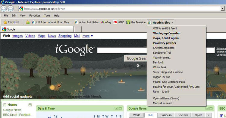 The RSS feed for this blog, bookmarked in Internet Explorer. New stories are highlighted in bold.
