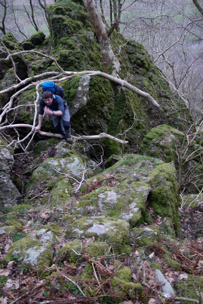 The search for Lockwood's Chimney. We were supposed to climb the rock behind Phil. Copyright Haydn Williams 2011.