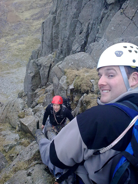 Me approaching James' belay atop the second pitch, Main Gully. Copyright Gareth Williams 2011.
