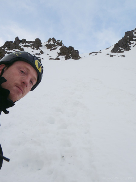 Top section of Hourglass Gully (I). Not sure why I look so grumpy. © Haydn Williams 2012