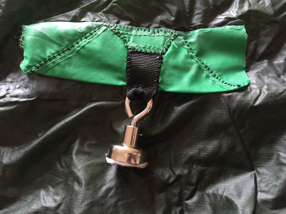 Lighter green is my silnylon, attached to inside of fly sheet with Silnet. Extra stitching is because it was way too long to start with (no stitching to actual fly sheet). © Haydn Williams 2016