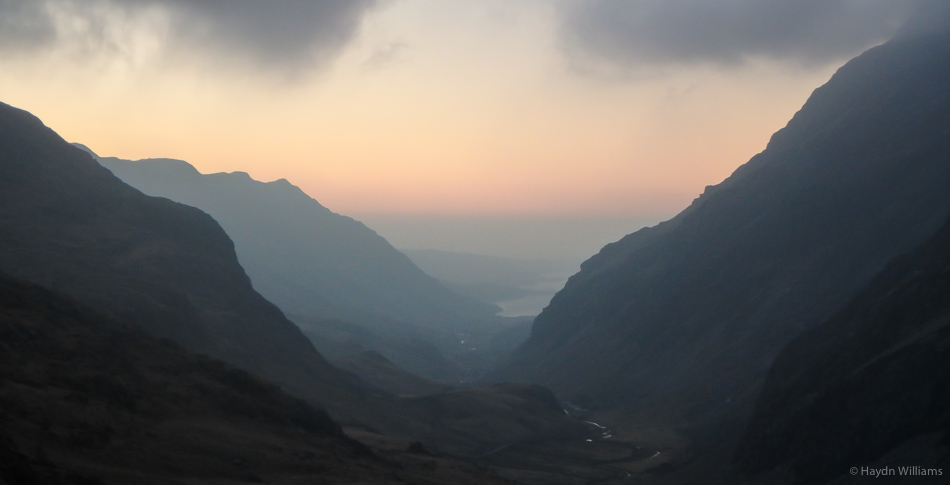 Sunset over Anglesey down the Llanberis Pass. © Haydn Williams 2016