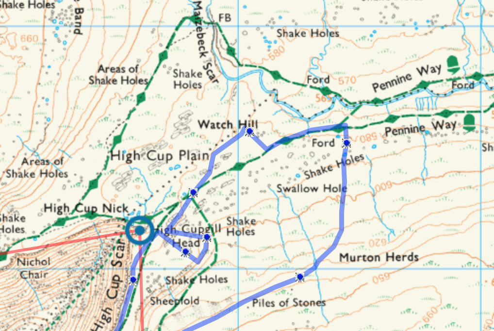We should have gone along orange from the South and then off West. We actually went purple. GPS sampled every ten minutes, so it was actually even worse than it looks!
