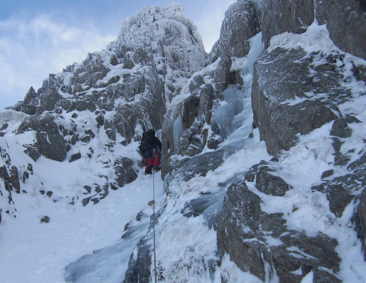Start of the second pitch - leaving horrid snow and getting onto nicer ice. Photo by James Devine. Copyright Haydn Williams 2009.