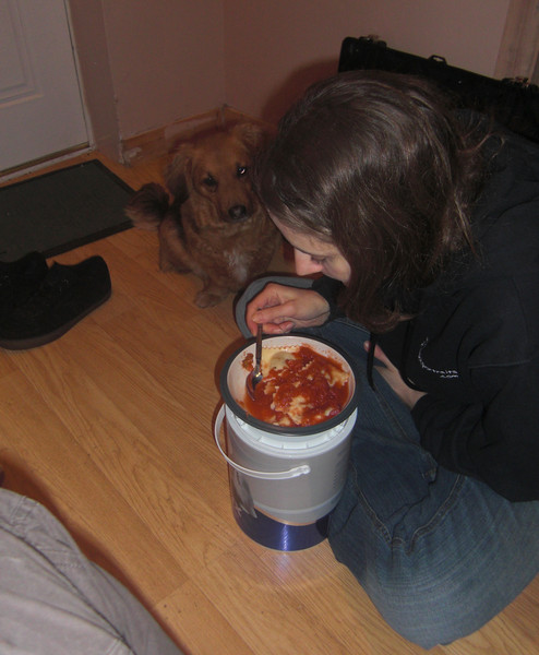 First dinner in our new home - microwave pasta on a paint-pot table!