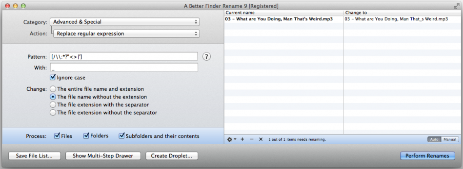 Removing special characters from file names in A Better Finder Renamer.