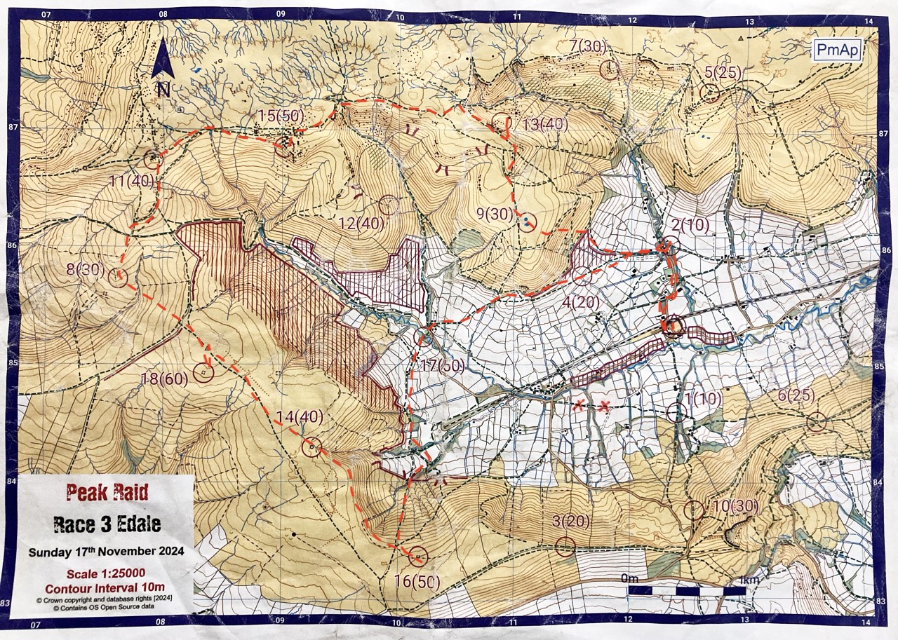 A map showing the Edale Valley with a running route overlaid on top.